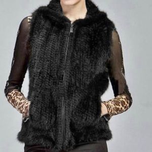 Black Knitted Real Mink Fur Vest Hooded Coat Jacket XS